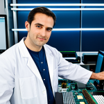 A professional, experienced male computer technician, wearing a modest, clean, short-sleeved lab coat over a professional shirt and trousers, fully clothed, appropriate attire. He is standing in a brightly lit, modern computer assembly lab, with a sleek, open desktop PC chassis on a workbench. His well-formed hands are carefully holding a small tool, pointing towards the intricate motherboard, specifically highlighting the BIOS chip area. The background shows organized electronic components and tools. Professional photography, high detail, sharp focus, perfect anatomy, correct proportions, natural pose, proper finger count, safe for work, appropriate content, fully clothed, professional.