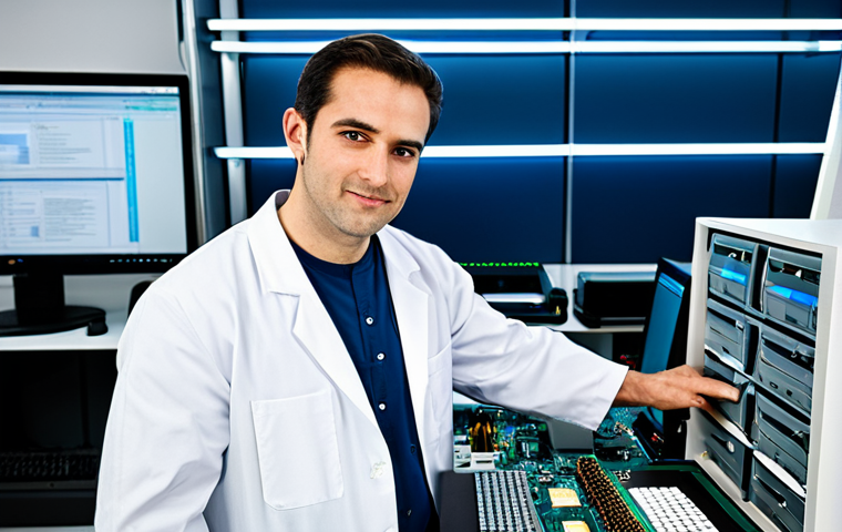 A professional, experienced male computer technician, wearing a modest, clean, short-sleeved lab coat over a professional shirt and trousers, fully clothed, appropriate attire. He is standing in a brightly lit, modern computer assembly lab, with a sleek, open desktop PC chassis on a workbench. His well-formed hands are carefully holding a small tool, pointing towards the intricate motherboard, specifically highlighting the BIOS chip area. The background shows organized electronic components and tools. Professional photography, high detail, sharp focus, perfect anatomy, correct proportions, natural pose, proper finger count, safe for work, appropriate content, fully clothed, professional.